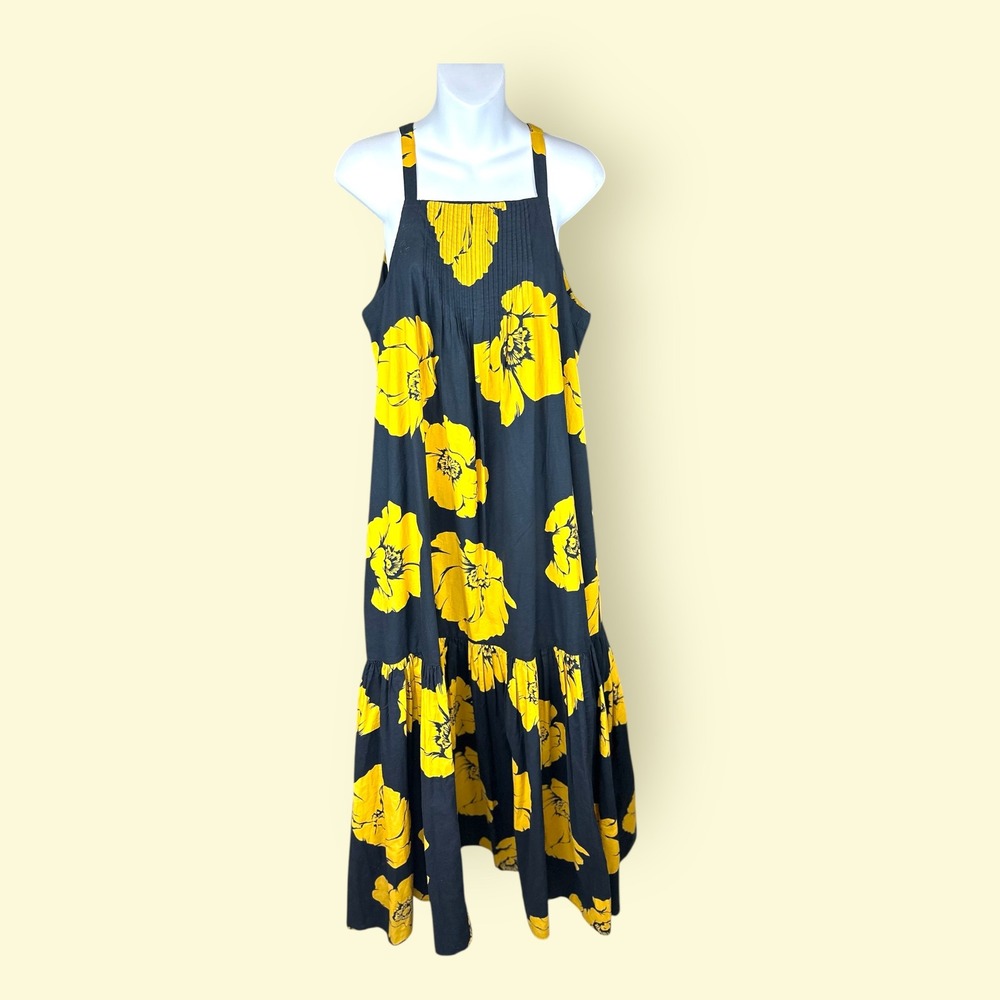 SUNDRY NWOT Black Yellow Floral Print Tiered Square Neck Sleeveless Size 3=12US - Picture 5 of 12